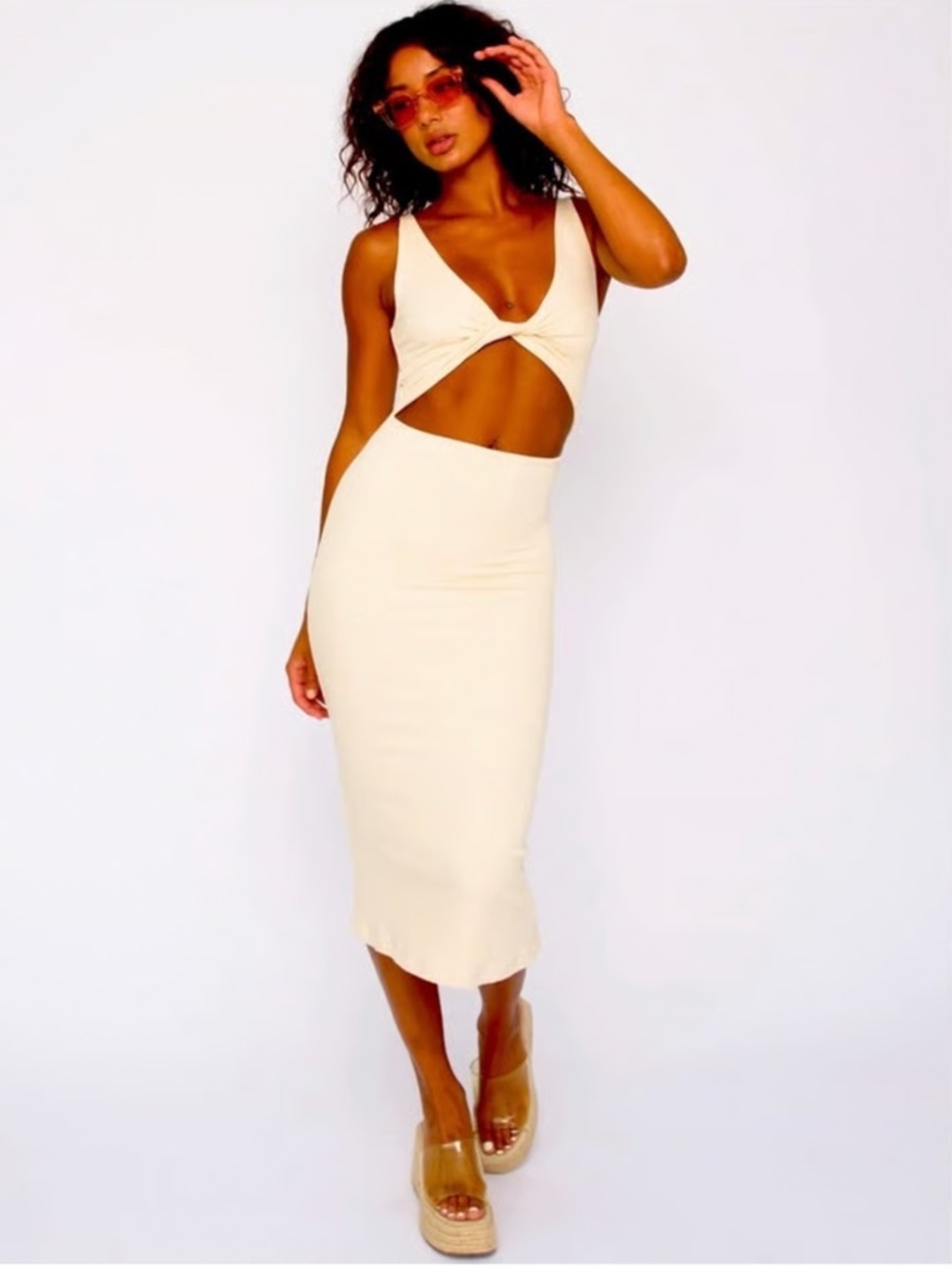 NWT Skatie Amelia Ribbed Midi Dress Cream Cutout Twist Front Medium LA Made